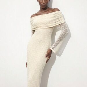 Off-Shoulder Cream Long Sleeve Knit Dress